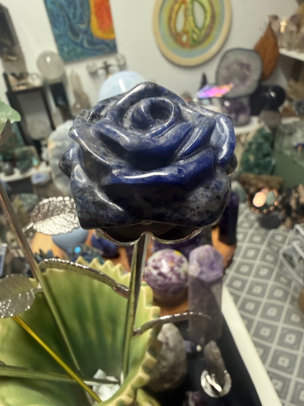 Sodalite,grn fluorite & dream amethyst rose with stem silver metal